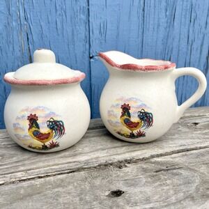 Vintage Rooster Creamer & Sugar Bowl Set Country‎ Farmhouse Noel Pie Plate USA